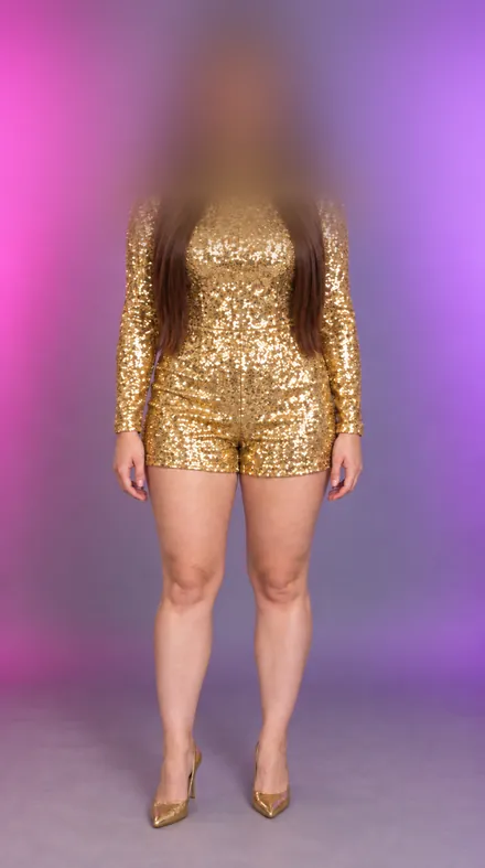 Mallory vorher: Outfit mit langem Haar, Kopf verwischt, KI-generiert